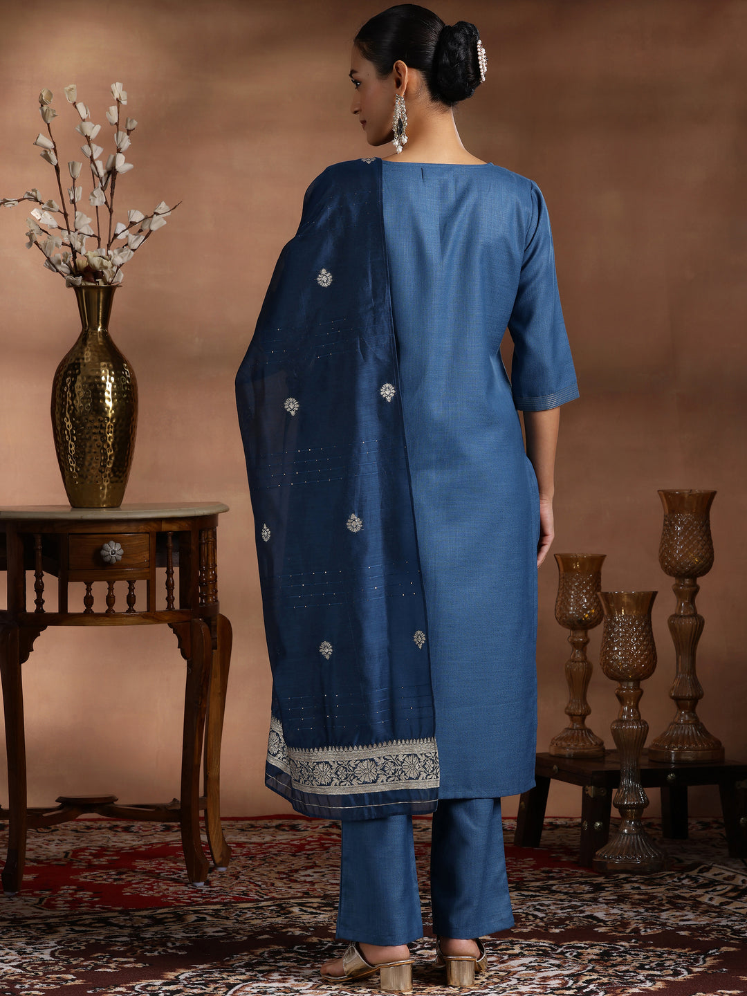 Teal Solid Cotton Blend Straight Suit With Dupatta