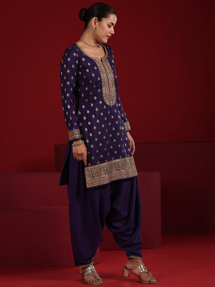 Libas Art Purple Embroidered Silk Blend Straight Suit Set With Dupatta