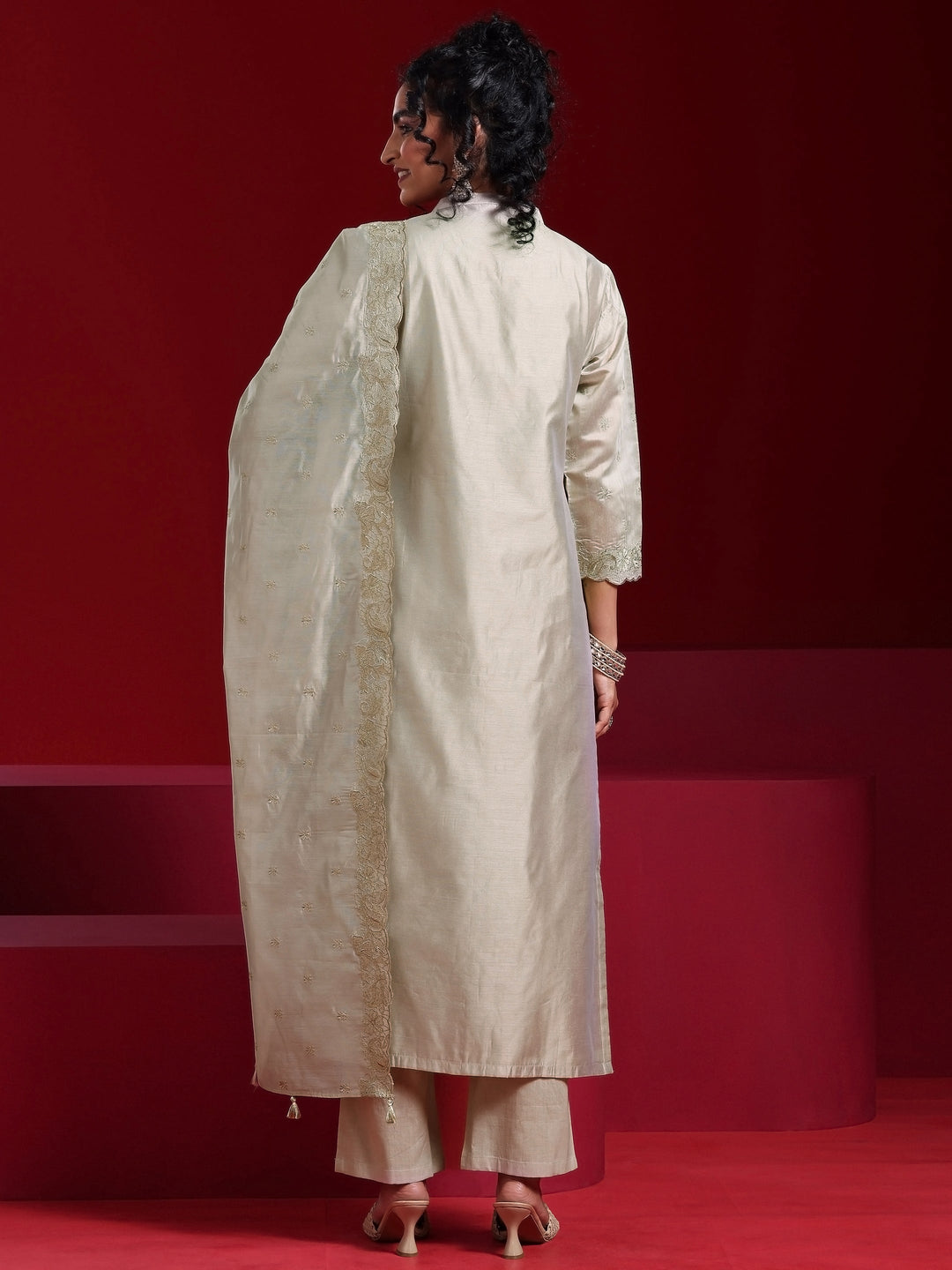 Libas Art Grey Embroidered Chanderi Silk Straight Suit With Dupatta