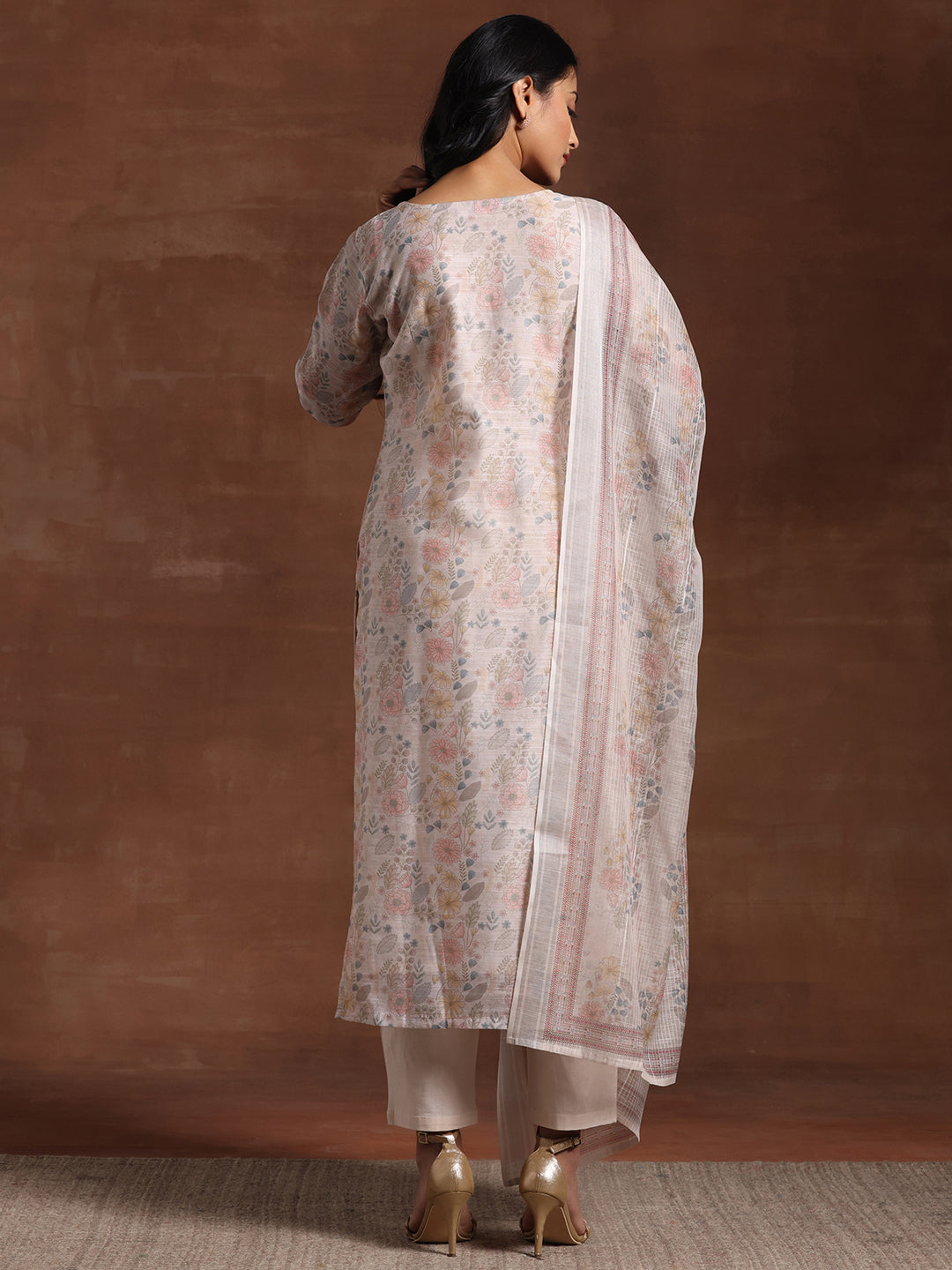 Beige Printed Chanderi Silk Straight Suit With Dupatta