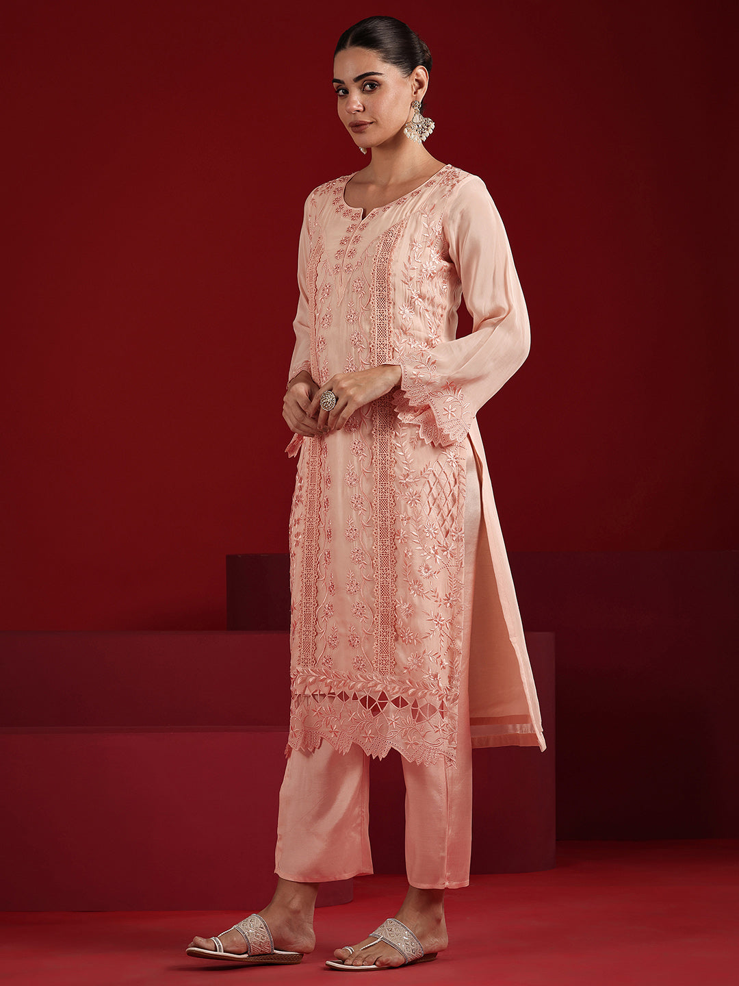Libas Art Peach Embroidered Organza Straight Suit Set With Dupatta