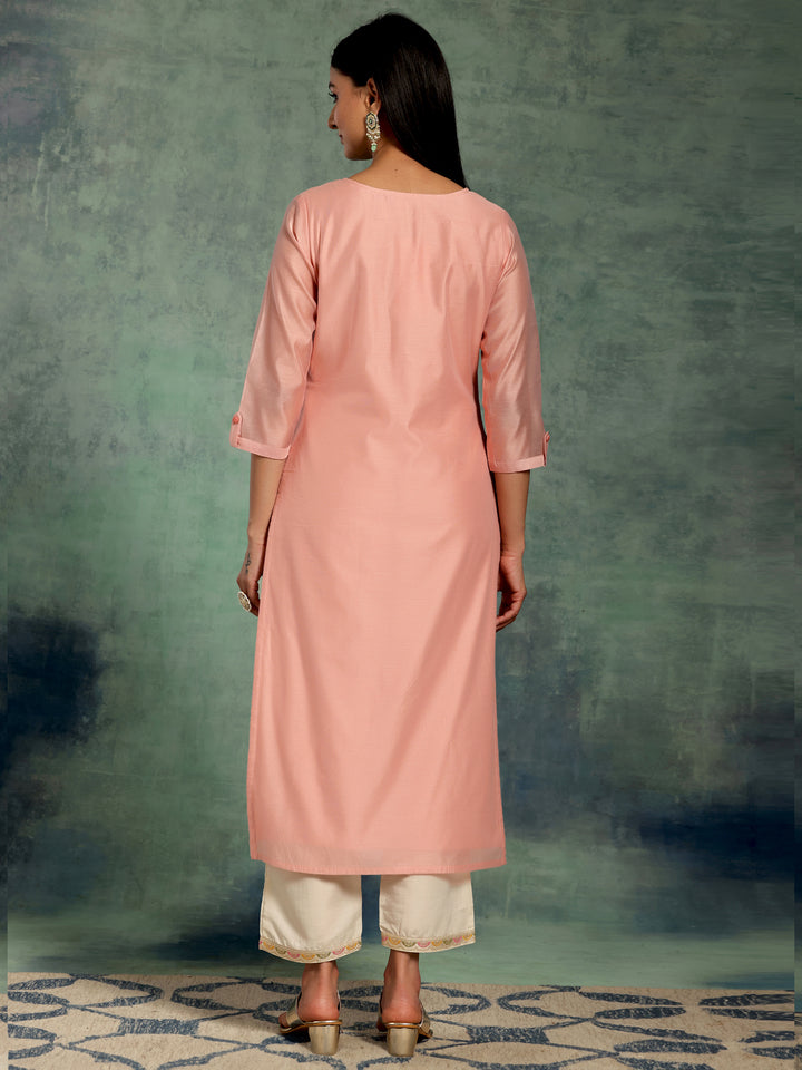 Peach Embroidered Chanderi Silk Straight Kurta