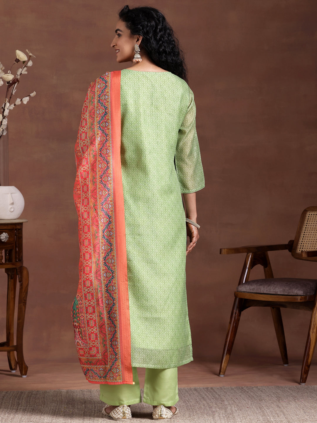 Green Printed Silk Blend Straight Suit With Dupatta