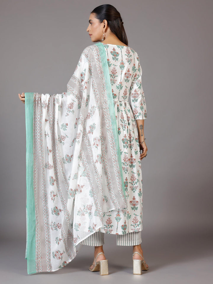 Off White Printed Cotton Anarkali Suit With Dupatta