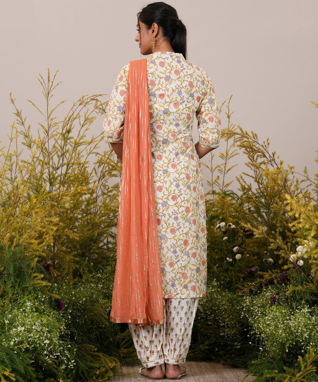 Off White Printed Cotton Straight Kurta With Salwar & Dupatta - ShopLibas