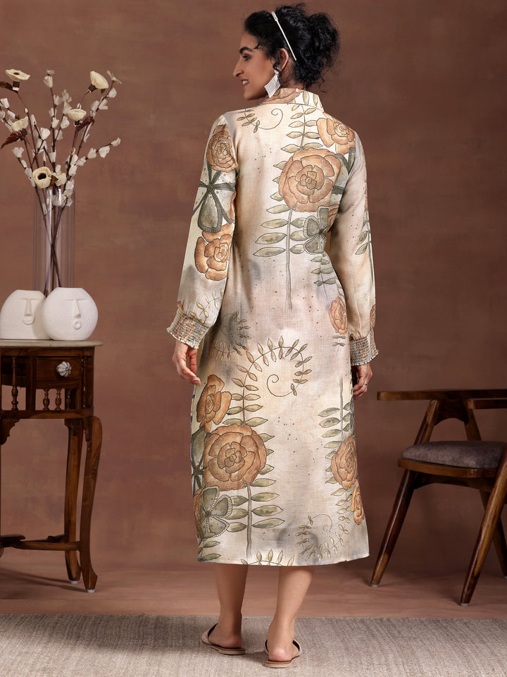 Grey Printed Cotton Blend Shirt Dress