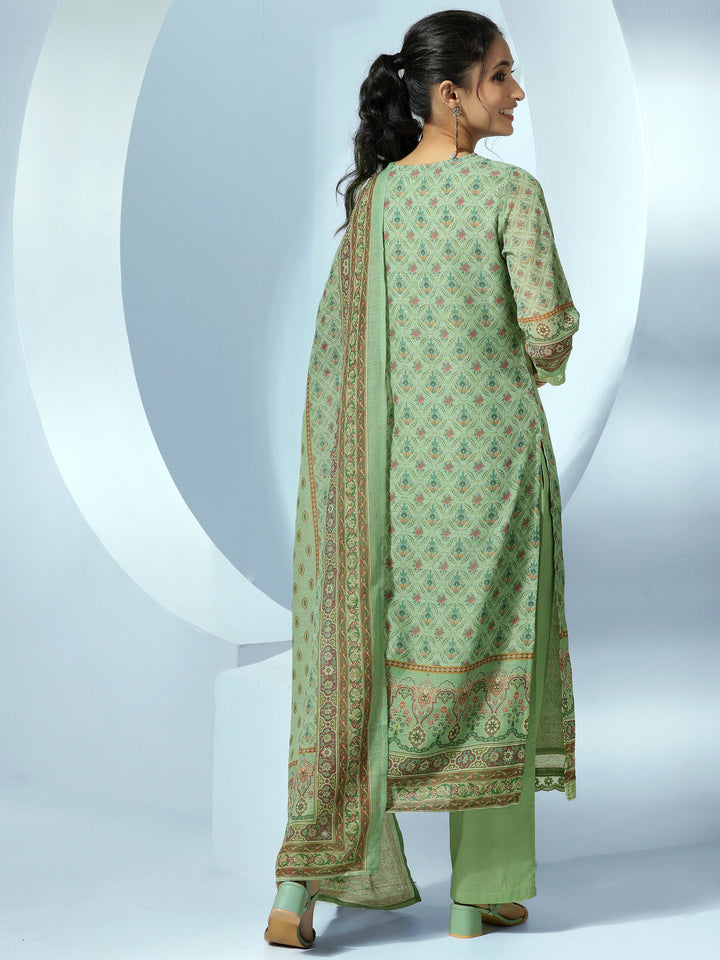 Green Printed Cotton Blend Straight Suit With Dupatta