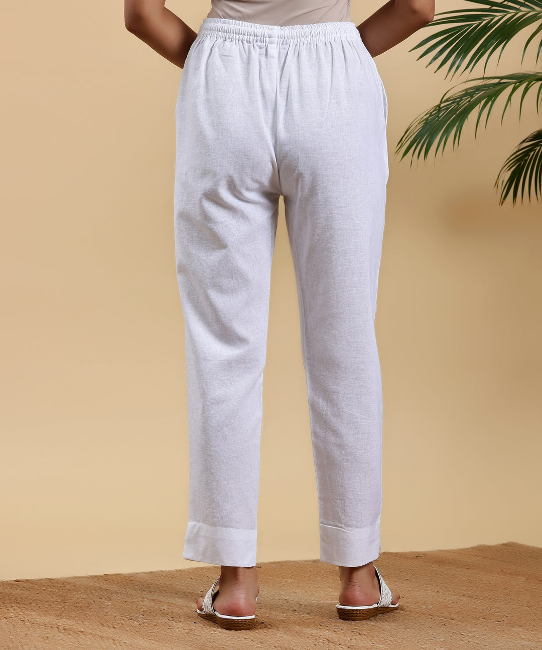 White Solid Cotton Straight Fit Trousers