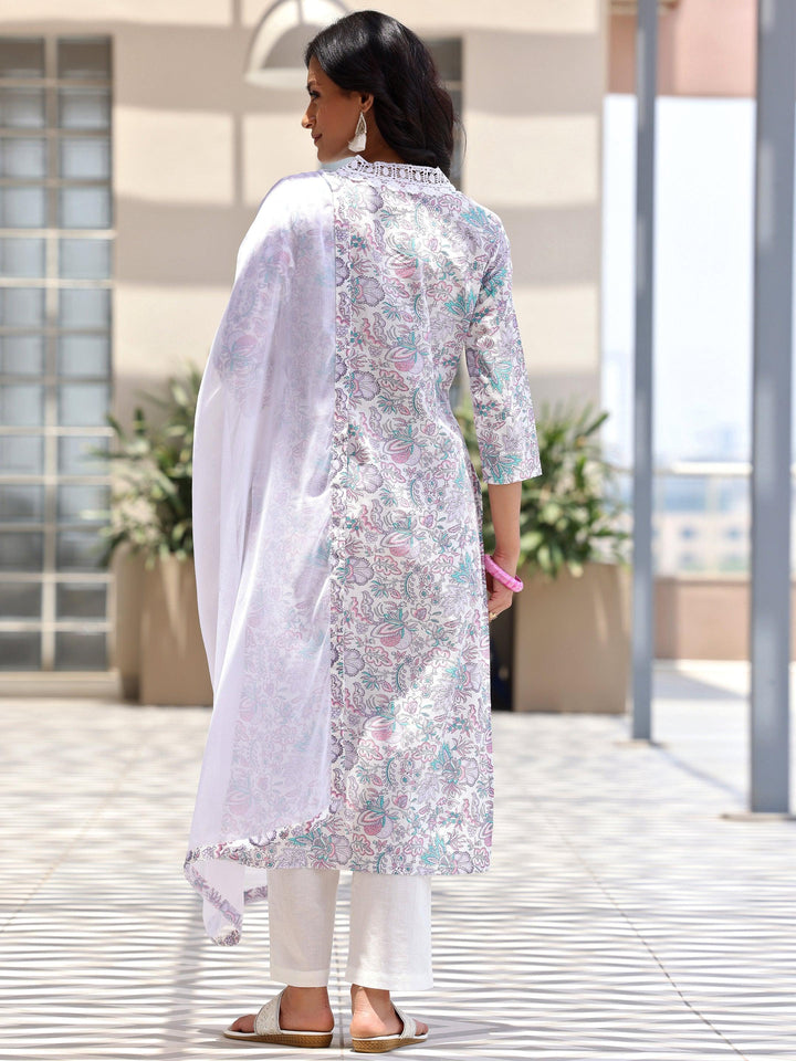 Off White Printed Cotton Straight Suit With Dupatta