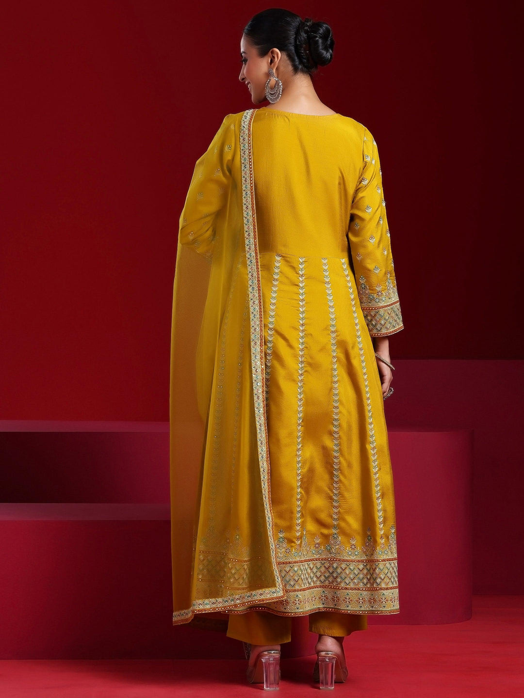 Libas Art Mustard Embroidered Silk Blend A-Line Kurta With Sharara & Dupatta