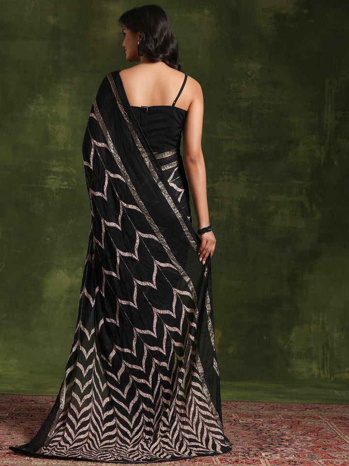 Black Printed Poly Georgette Saree With Unstitched Blouse Piece