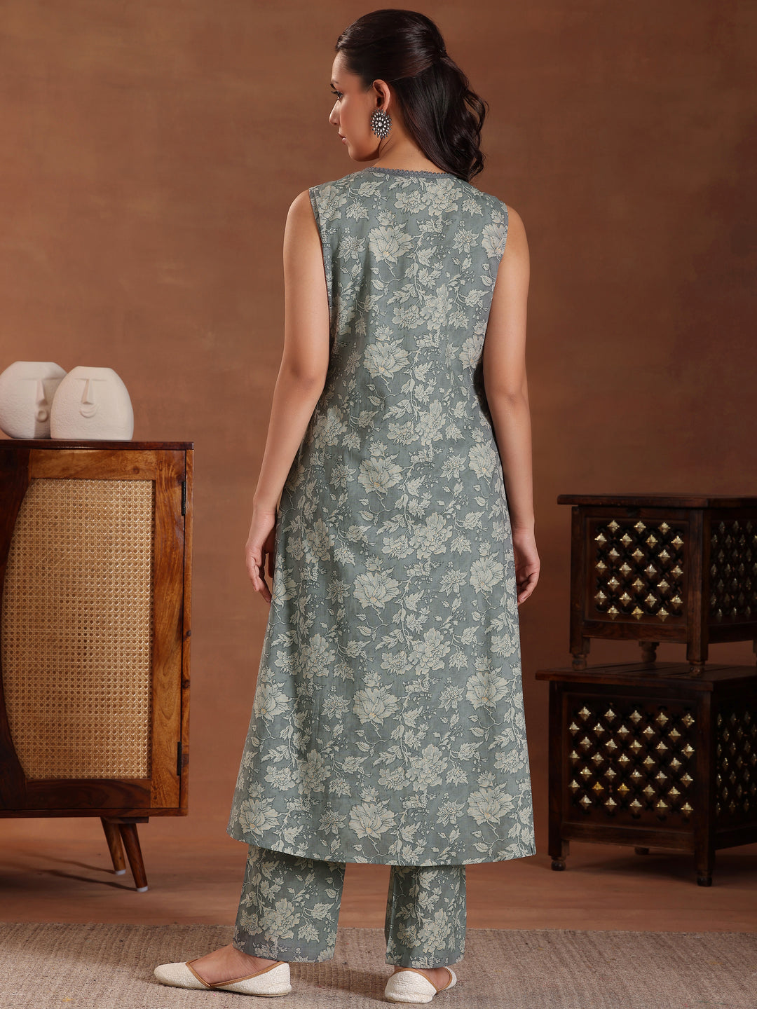 Grey Printed Pure Cotton A-Line Kurta With Trousers