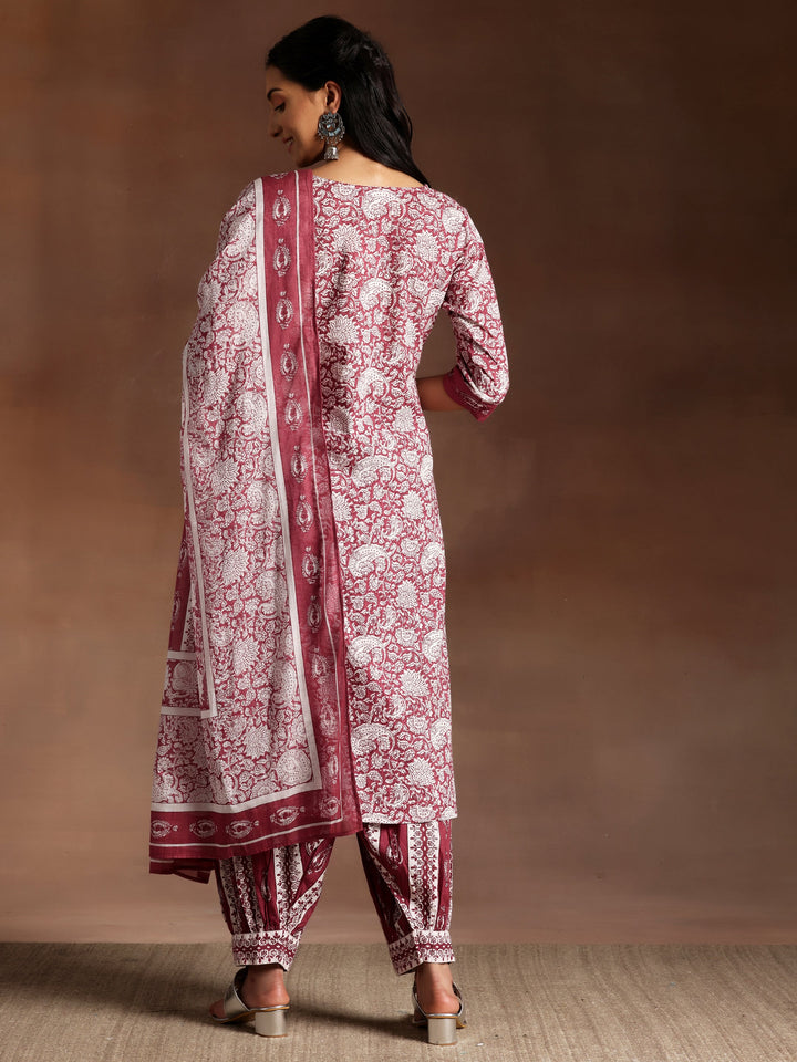 Wine Printed Cotton Straight Suit With Dupatta