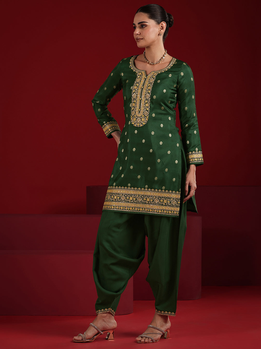 Libas Art Green Embroidered Silk Blend Straight Suit Set With Dupatta