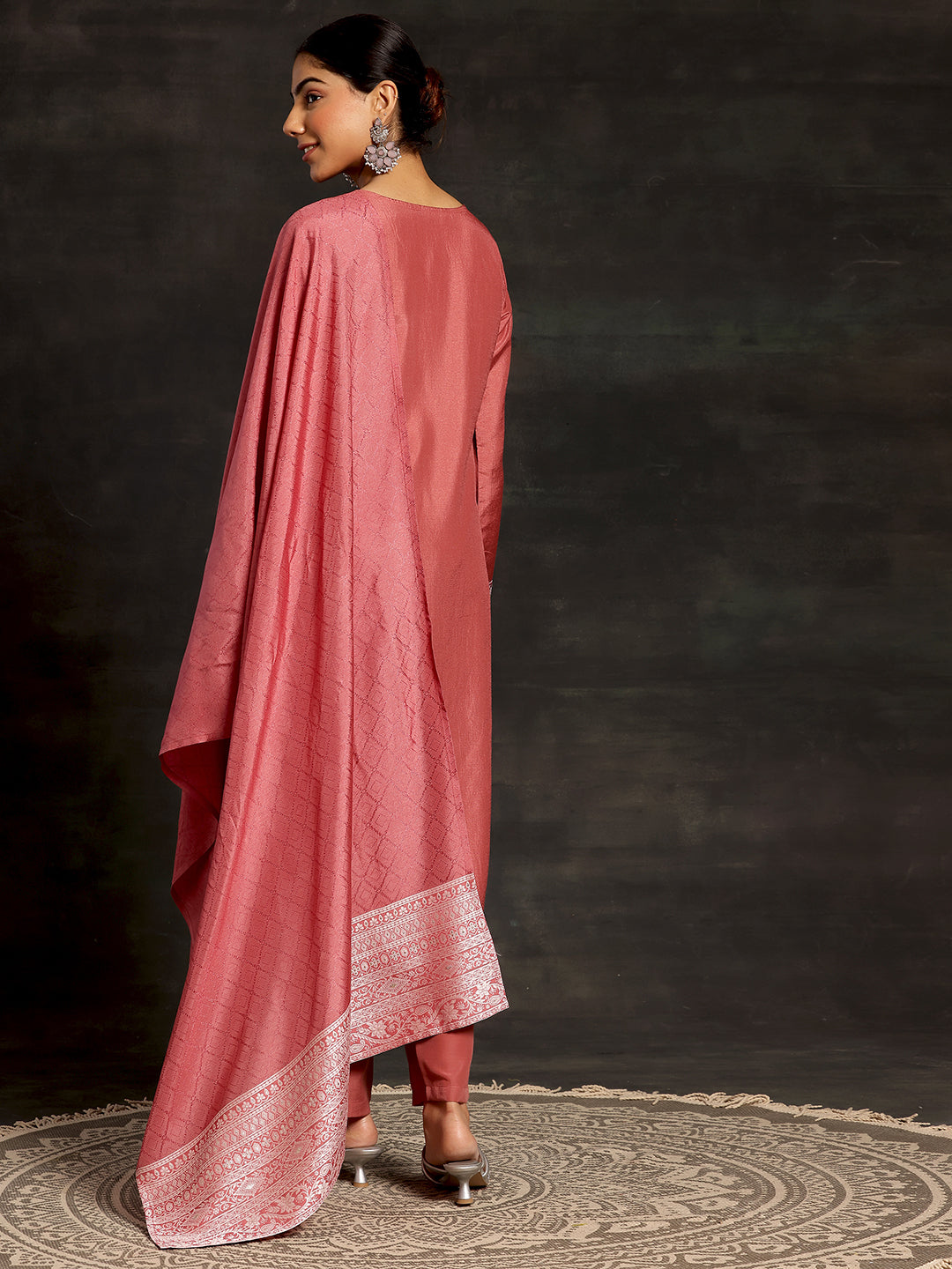 Pink Woven Design Silk Blend Straight Suit With Dupatta