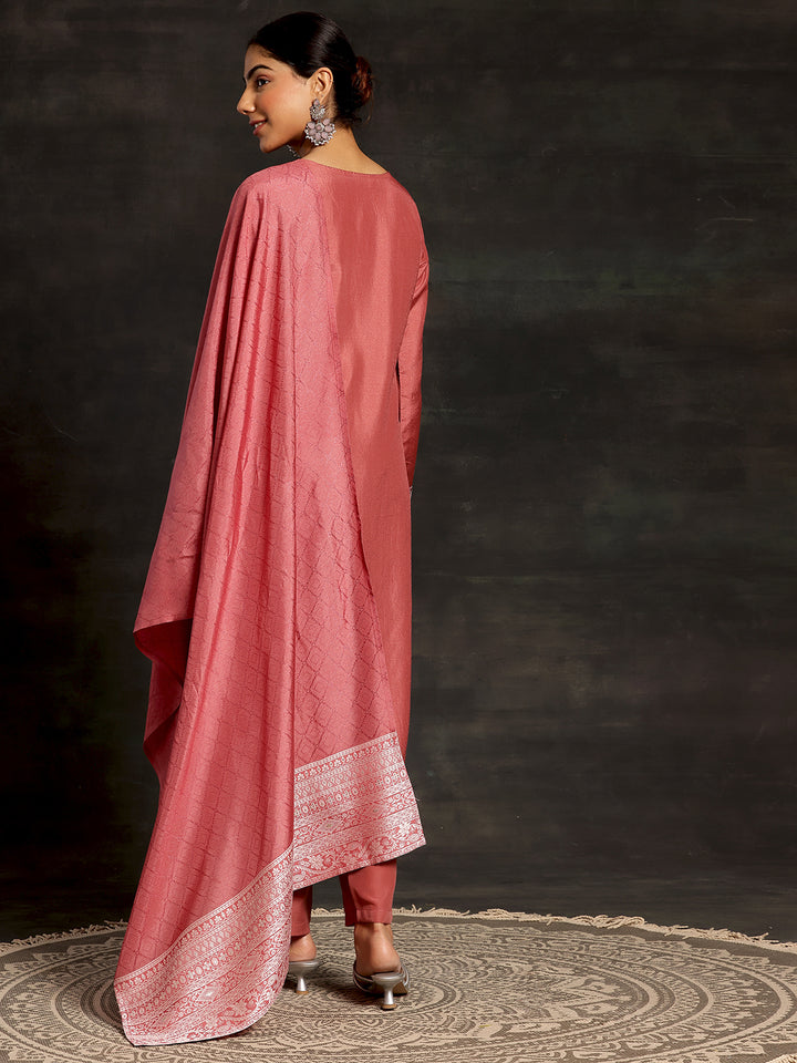 Pink Woven Design Silk Blend Straight Suit With Dupatta