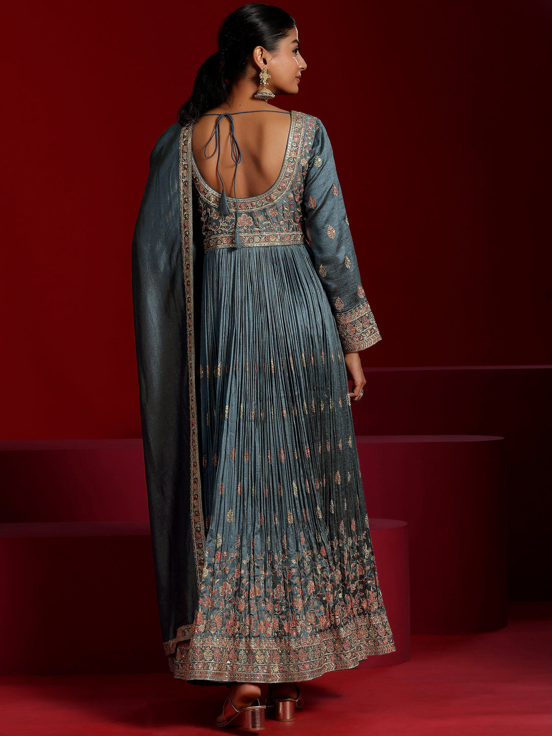 Libas Art Blue Embroidered Silk Blend A-Line Kurta With Trousers & Dupatta