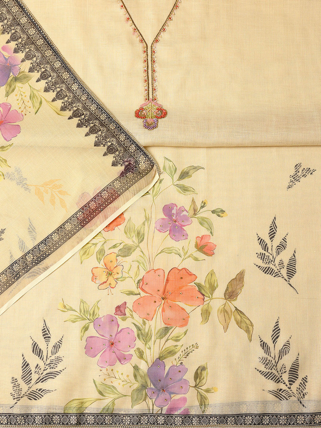 Beige Printed Cotton Blend Dress Material With Dupatta