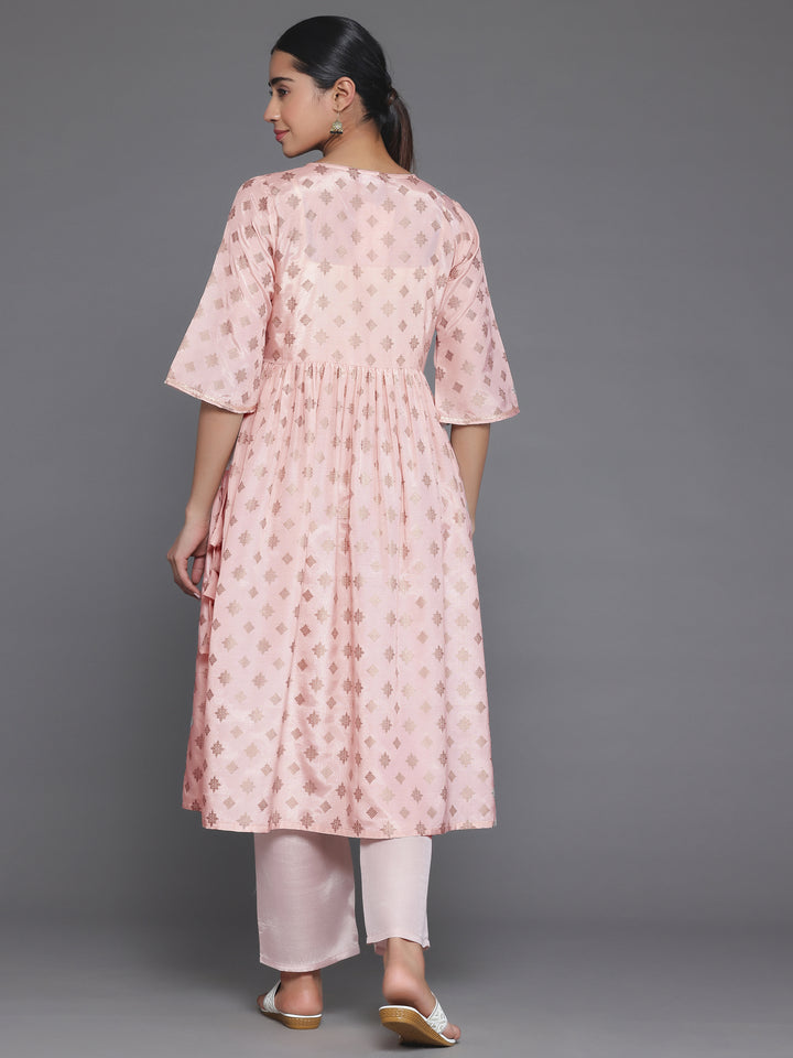 Peach Printed Silk Blend A-Line Kurta With Trousers