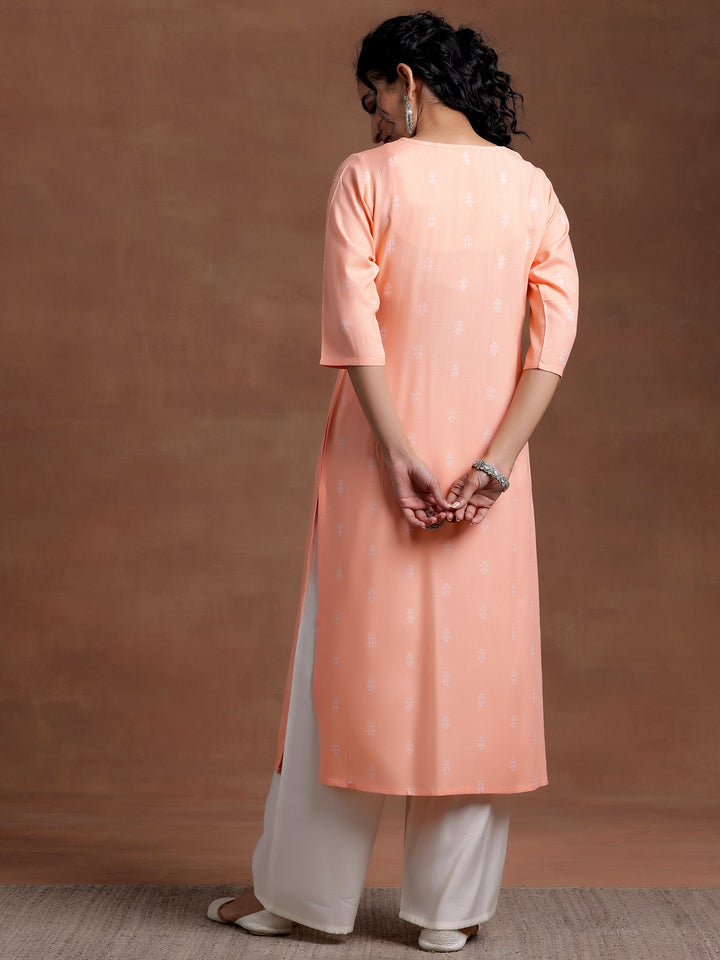 Peach Woven Design Cotton Straight Kurta