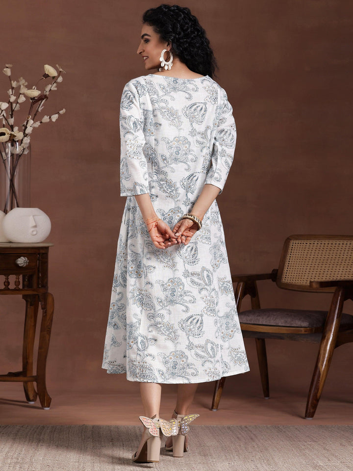 White Printed Cotton A-Line Dress