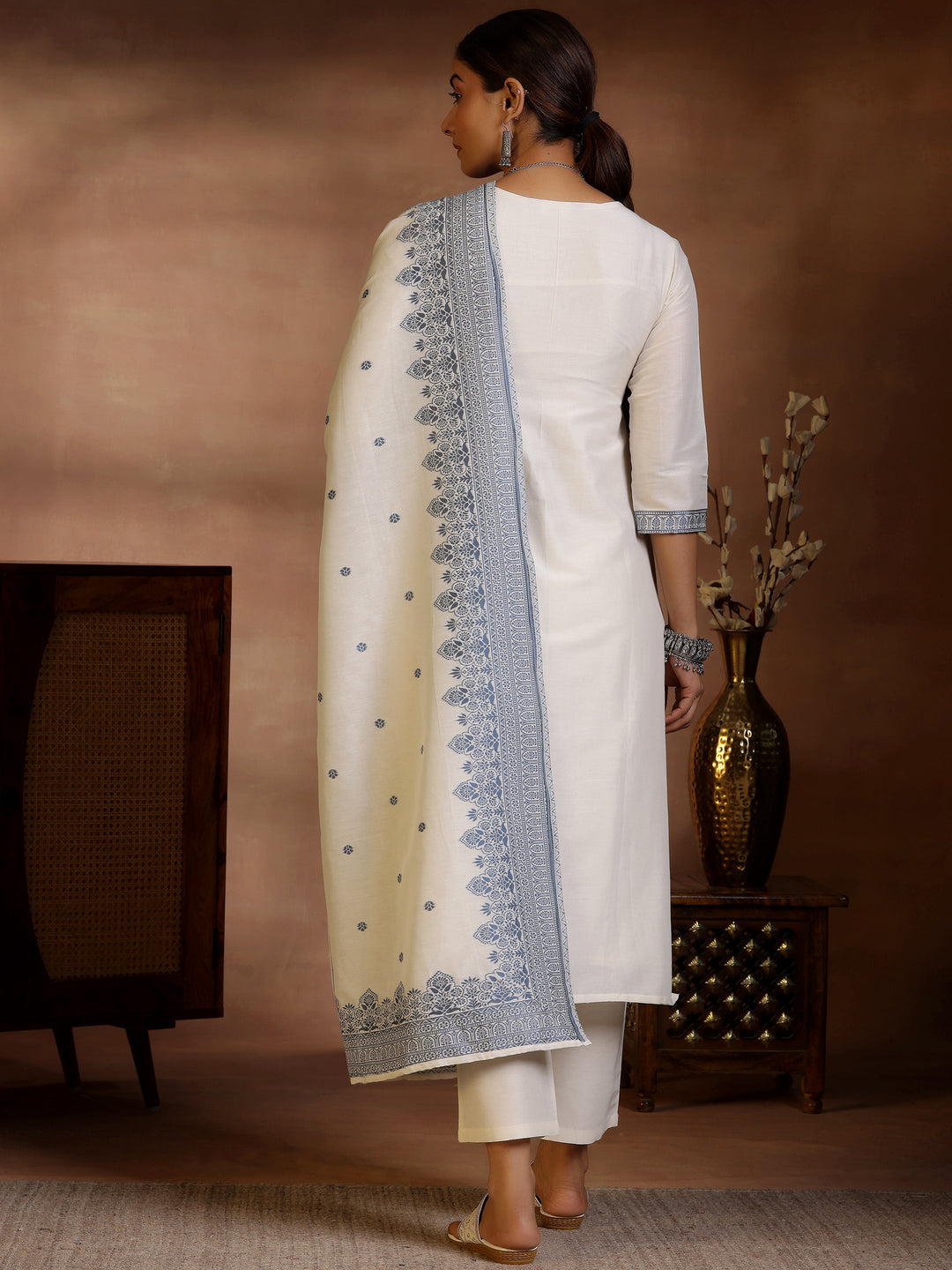 Off White Woven Design Chanderi Silk Straight Suit With Dupatta