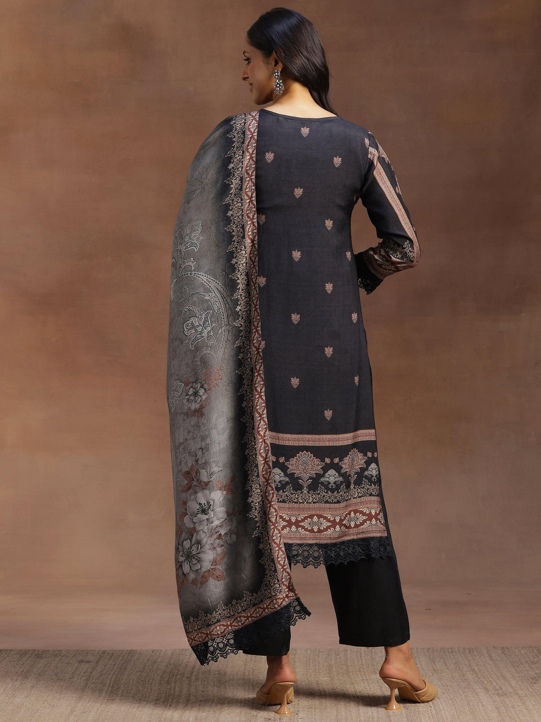 Grey Printed Silk Blend Straight Suit With Dupatta