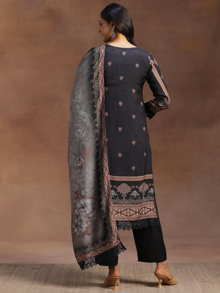 Grey Printed Silk Blend Straight Suit With Dupatta