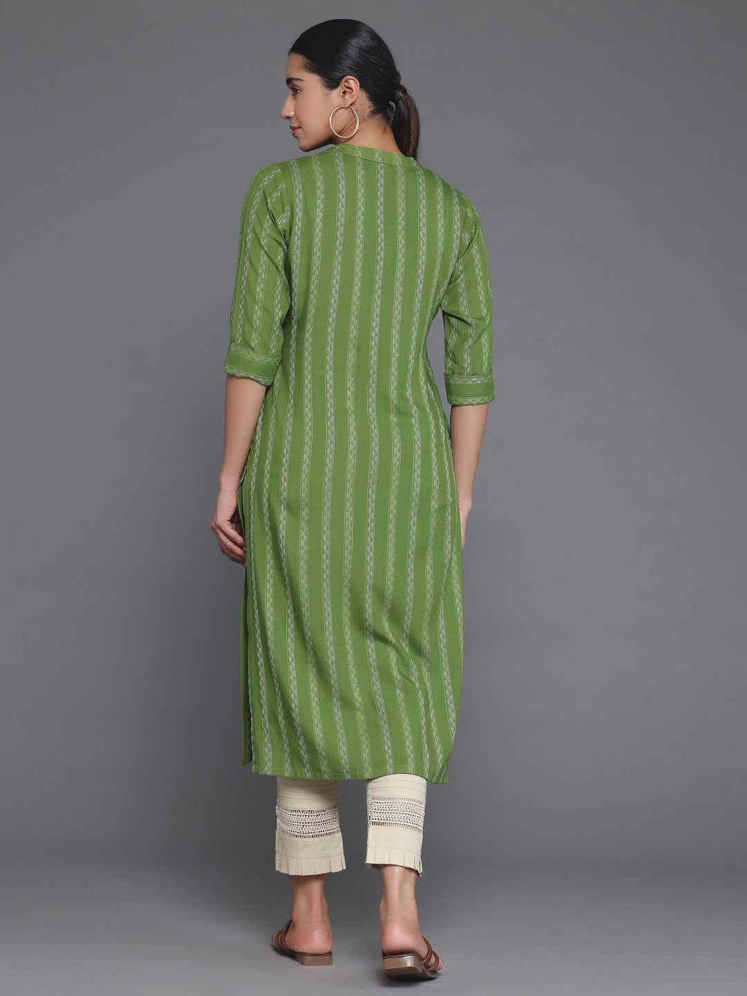 Green Striped Rayon Straight Kurta - Libas