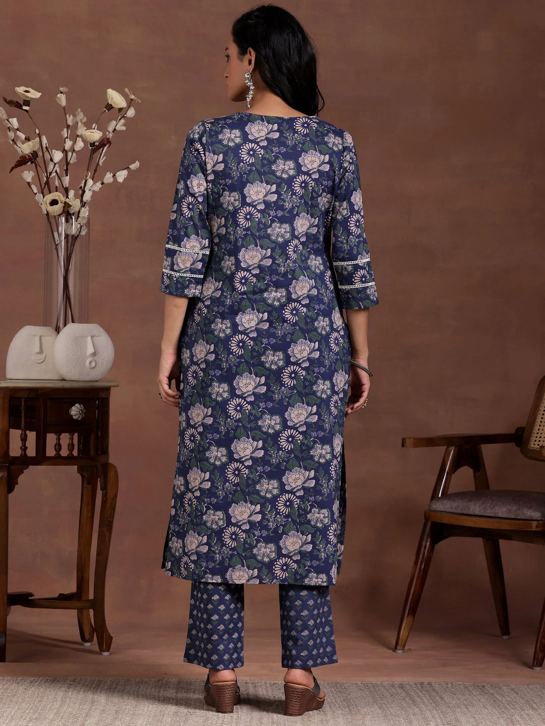 Blue Printed Cotton Straight Kurta Set