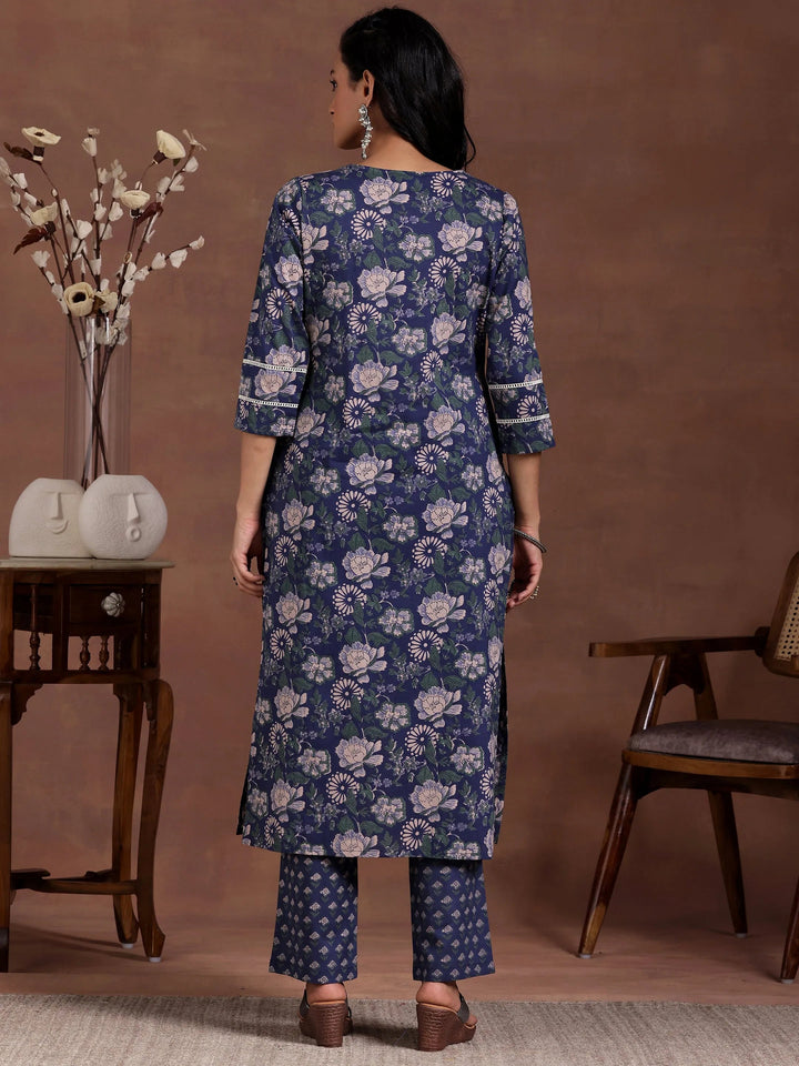 Blue Printed Cotton Straight Kurta Set