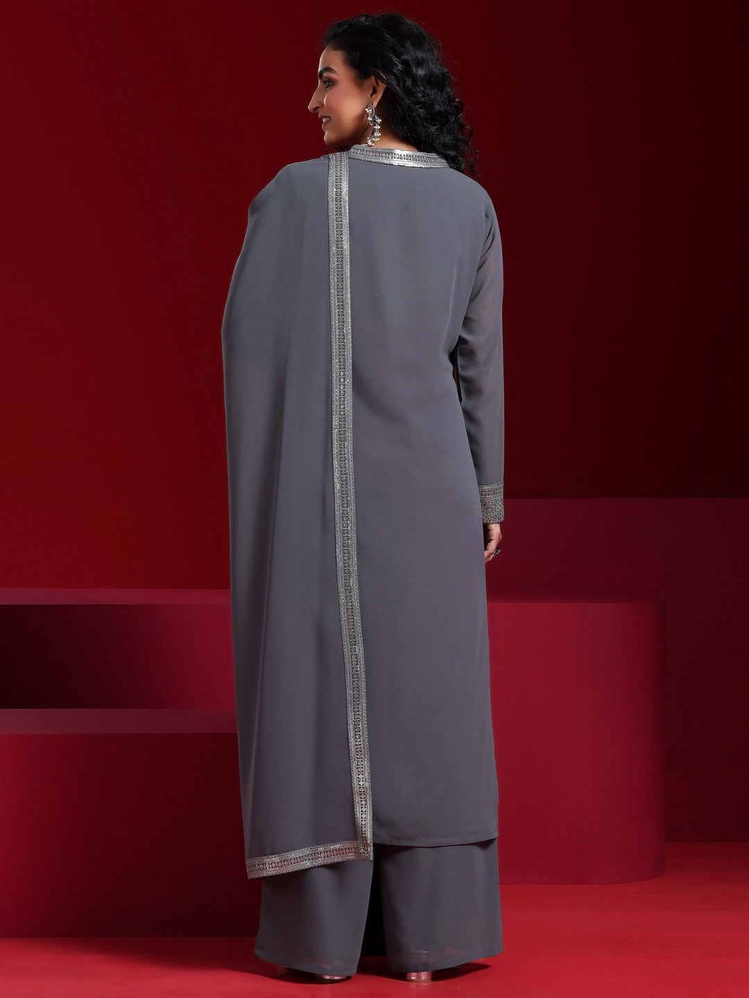 Grey Embroidered Georgette Straight Suit With Dupatta