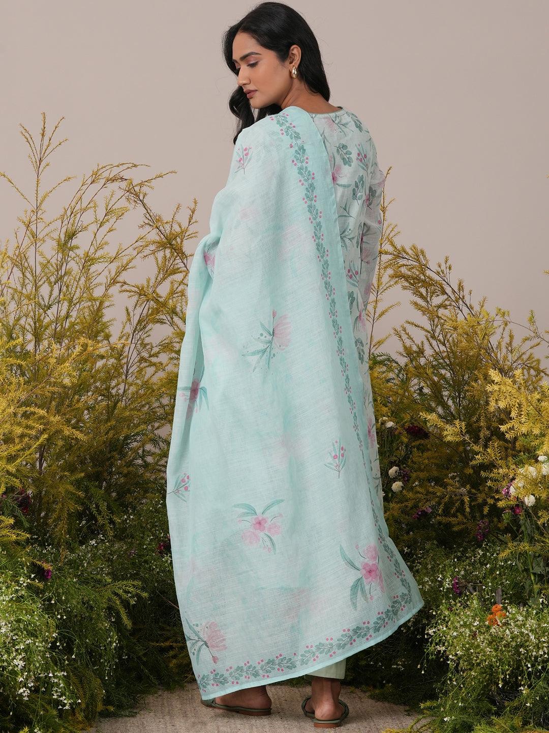 Green Printed Cotton Blend Straight Suit With Dupatta