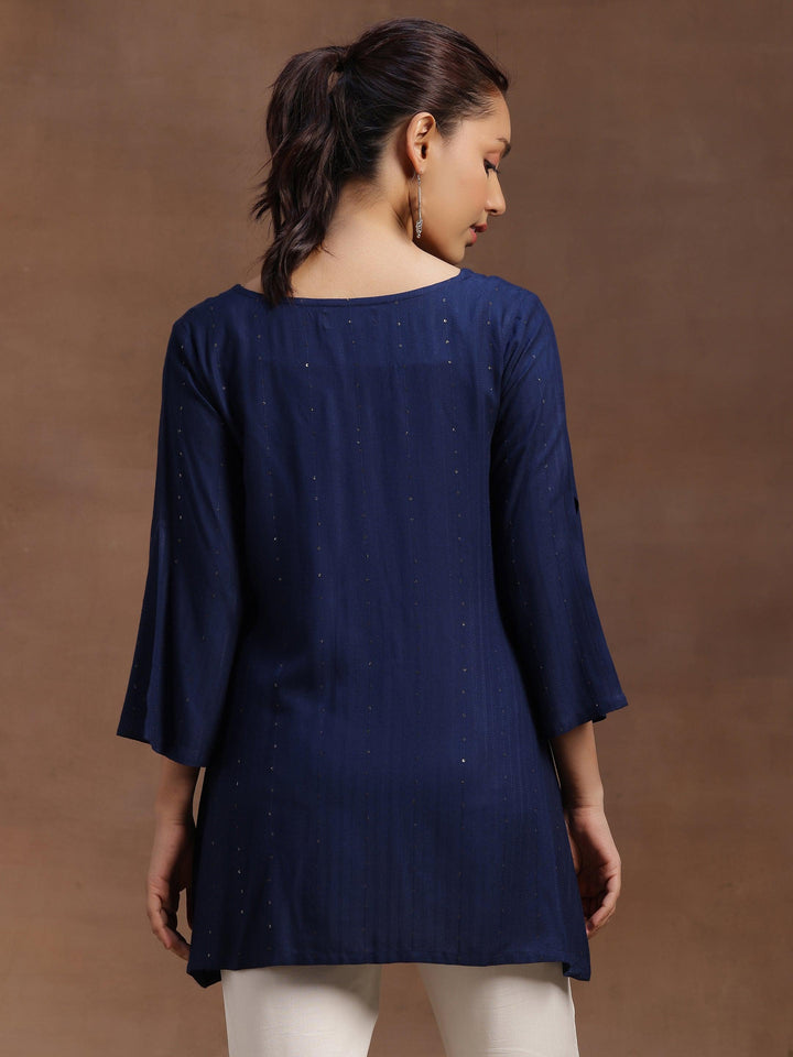 Blue Solid Cotton Blend A-line Kurti