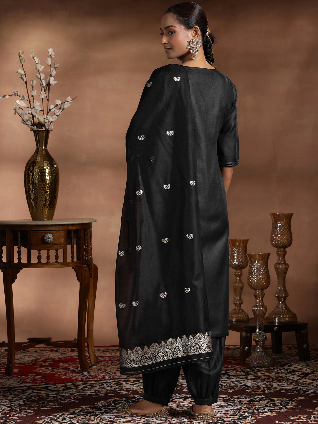 Black Solid Cotton Blend Straight Suit With Dupatta