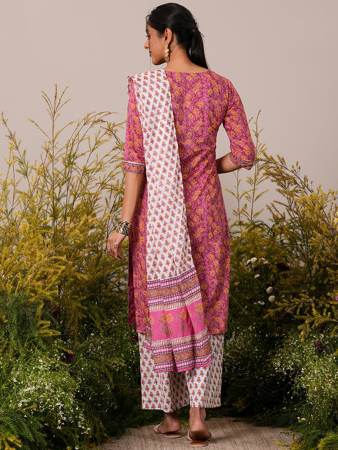 Pink Printed Cotton Straight Suit With Dupatta