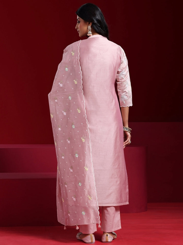 Libas Art Pink Embroidered Chanderi Silk Straight Suit With Dupatta