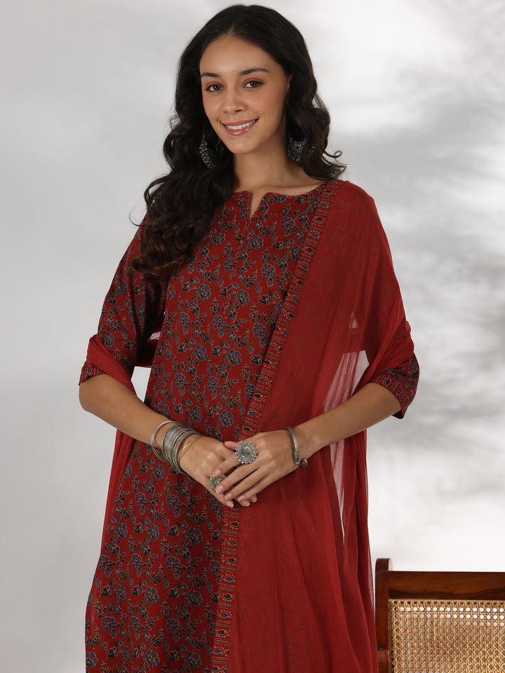 Rust Printed Cotton Straight Suit With Dupatta