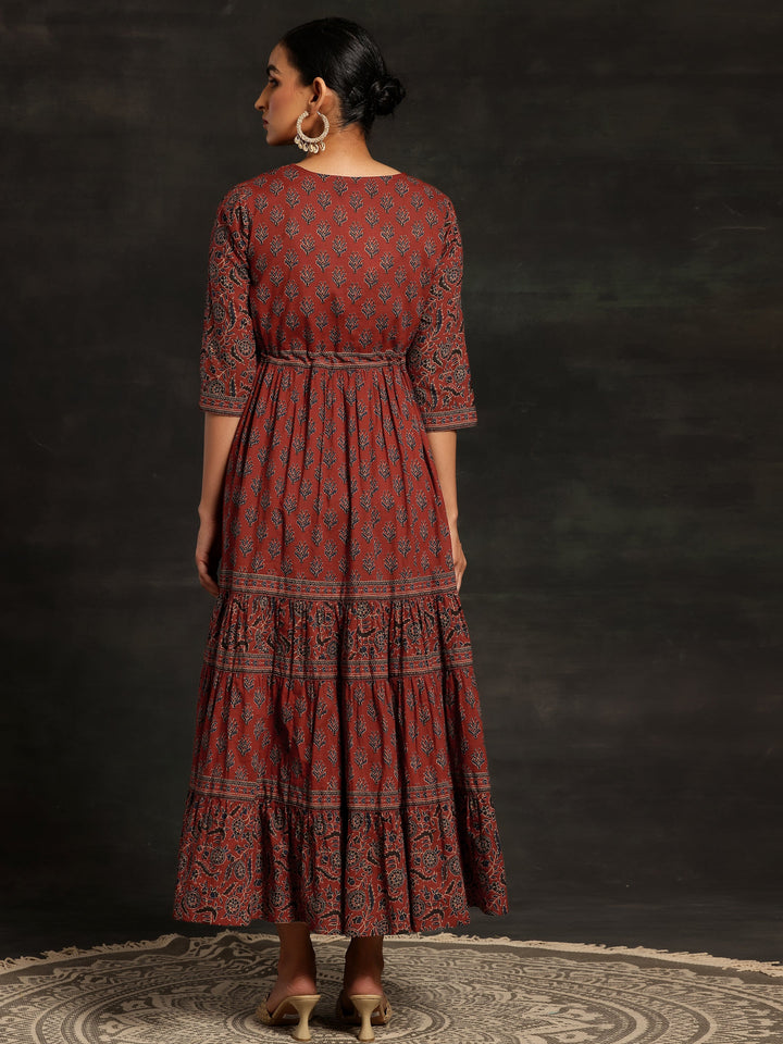 Maroon Printed Cotton A-Line Dress