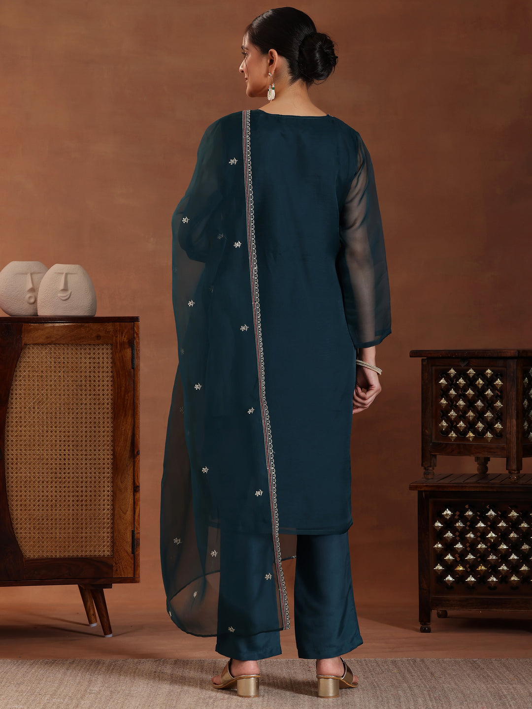 Green Embroidered Organza Straight Suit With Dupatta