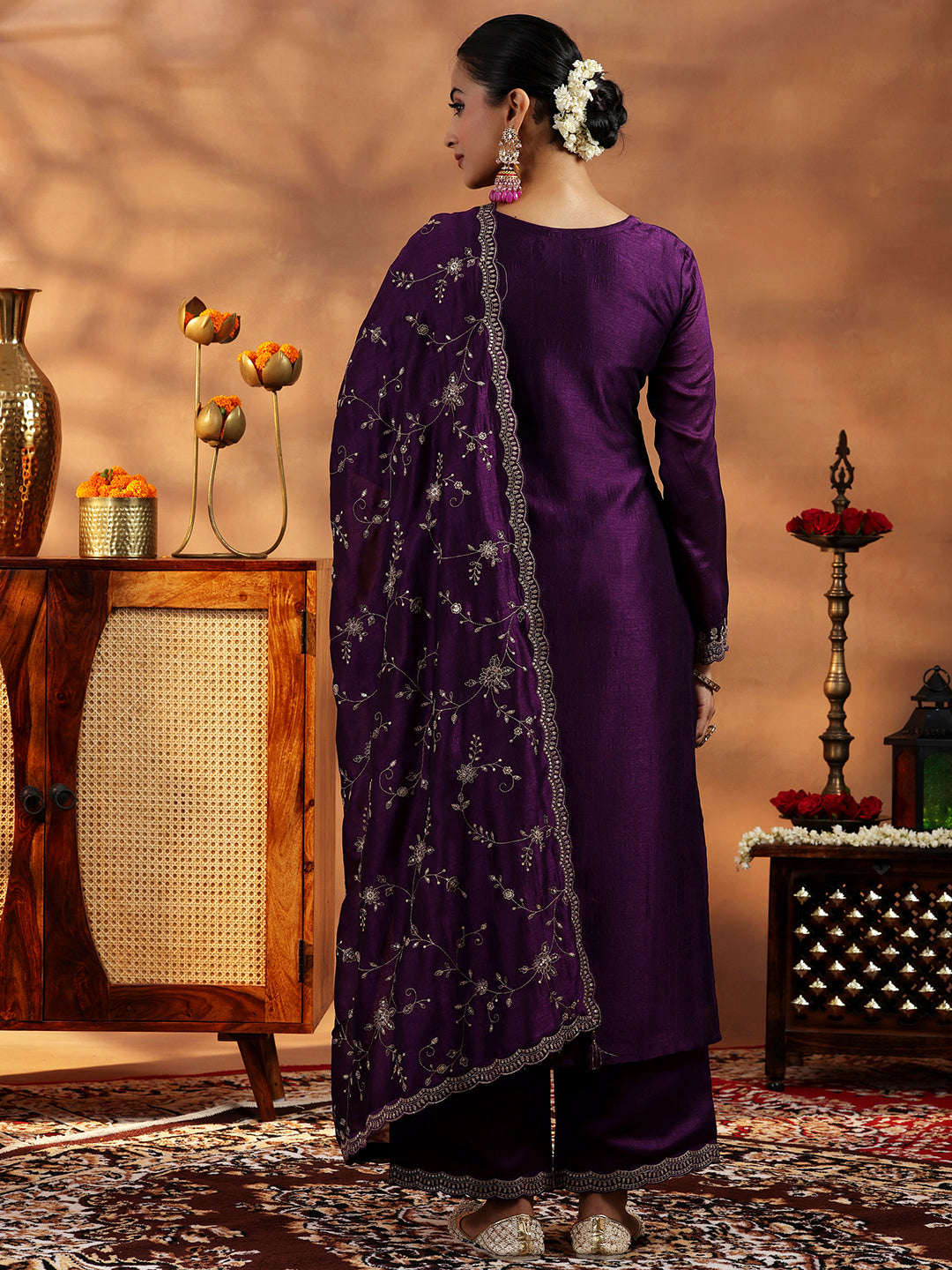 Wine Embroidered Silk Blend Straight Suit With Dupatta