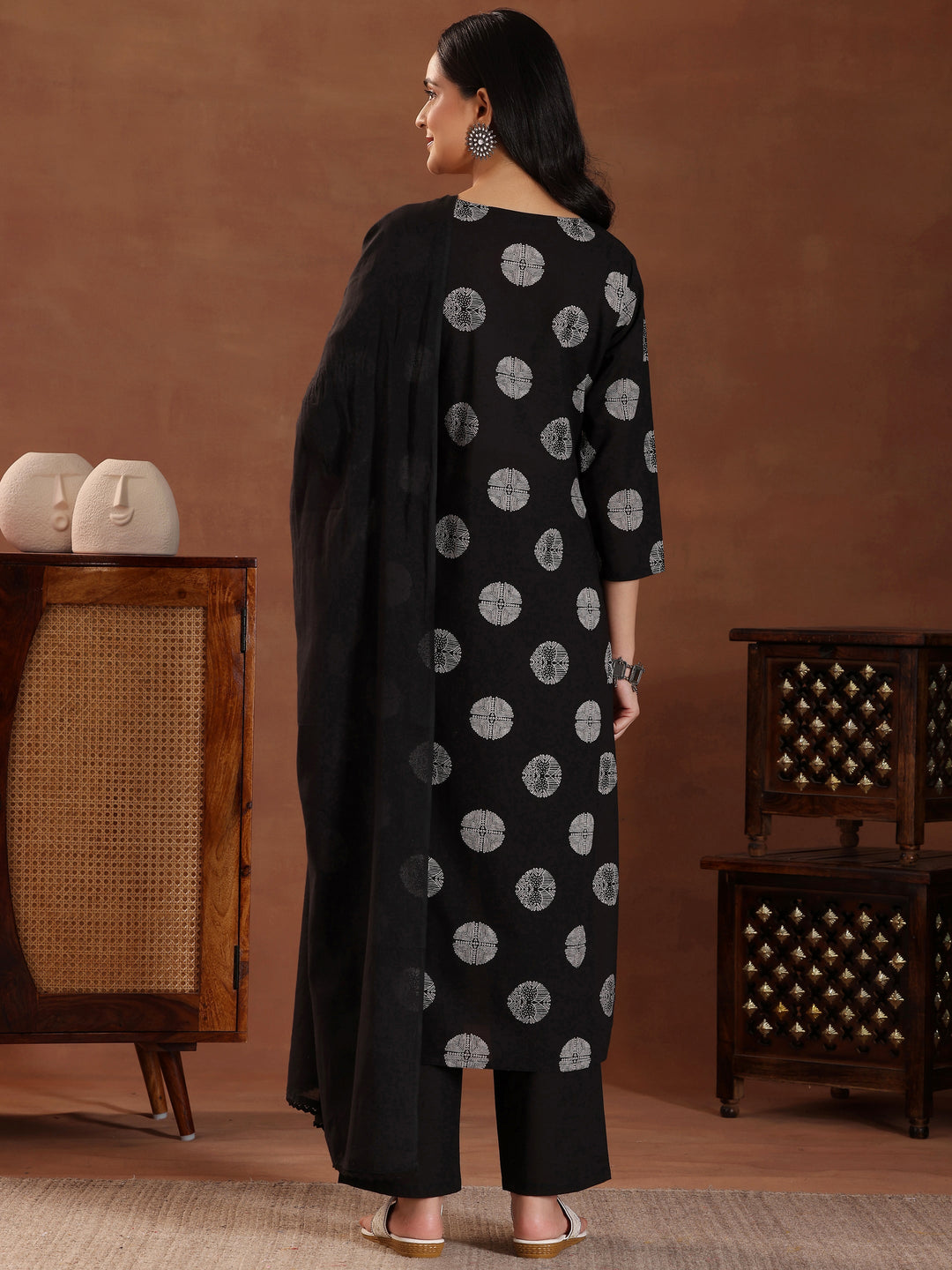 Black Printed Cotton Straight Suit With Dupatta