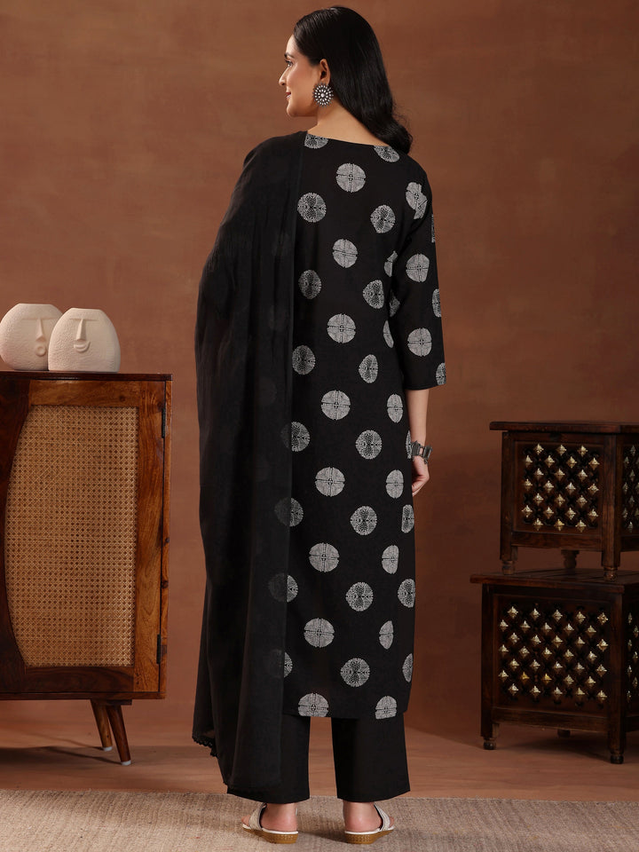 Black Printed Cotton Straight Suit With Dupatta