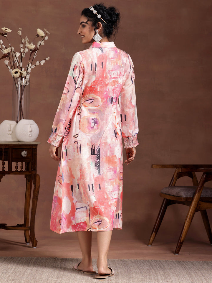 Peach Printed Cotton Blend A-Line Dress