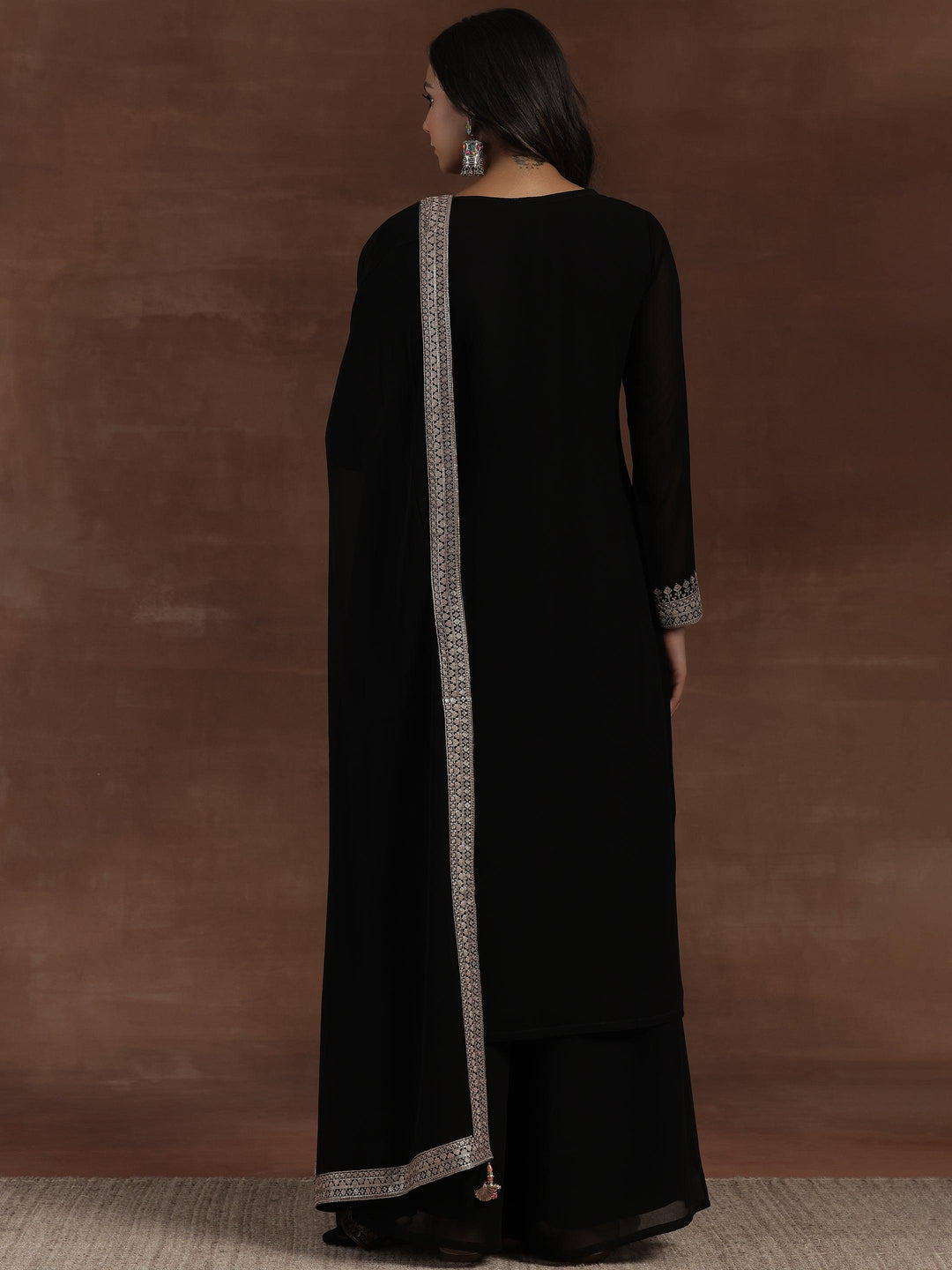 Black Embroidered Georgette Straight Suit With Dupatta