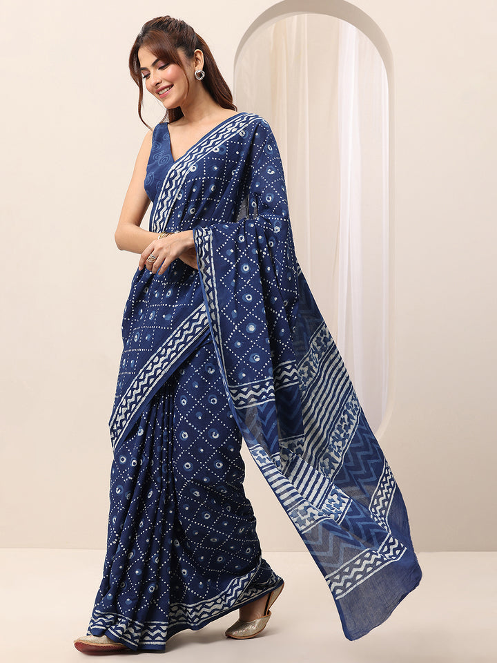 Indigo Printed Cotton Saree With Unstitched Blouse Piece