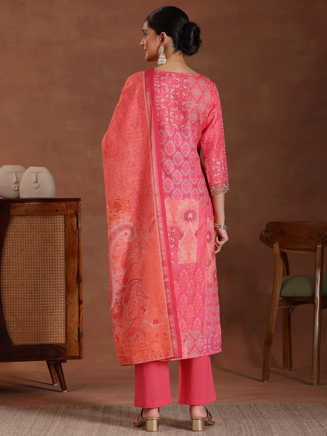 Pink Printed Cotton Blend Straight Suit With Dupatta
