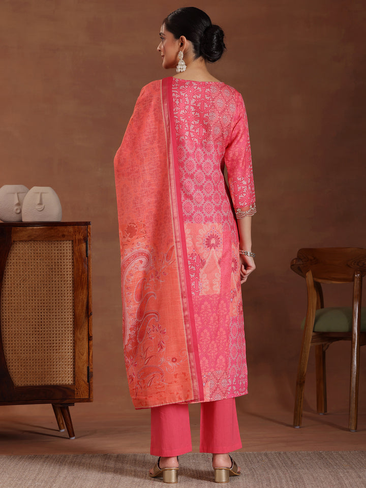 Pink Printed Cotton Blend Straight Suit With Dupatta