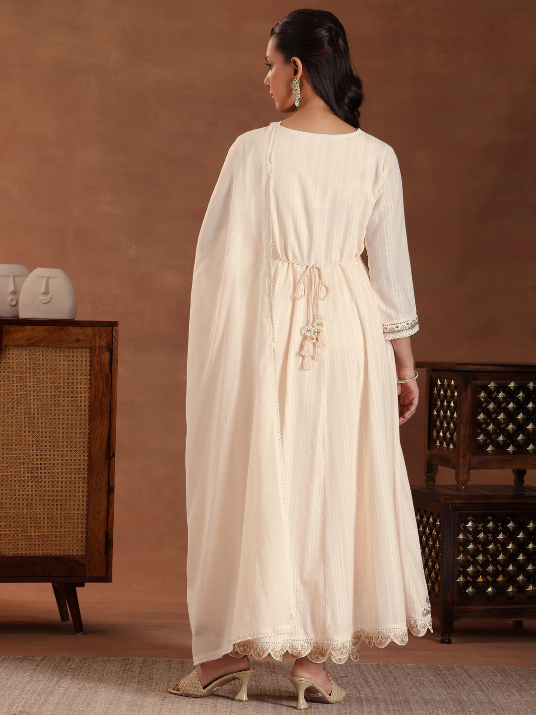 Peach Embroidered Pure Cotton A-line Kurta With Trouers & Dupatta