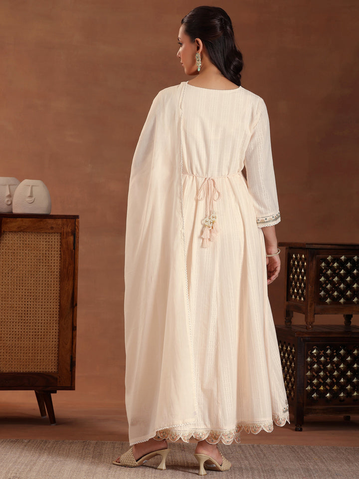 Peach Embroidered Pure Cotton A-line Kurta With Trouers & Dupatta